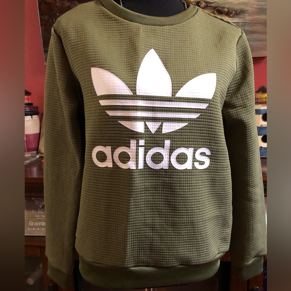 adidas Olive Green Waffle Knit Trefoil Sweatshirt with White Logo